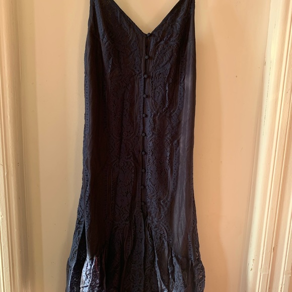 LULUS NAVY BLUE LACE MIDI DRESS - Picture 4 of 6